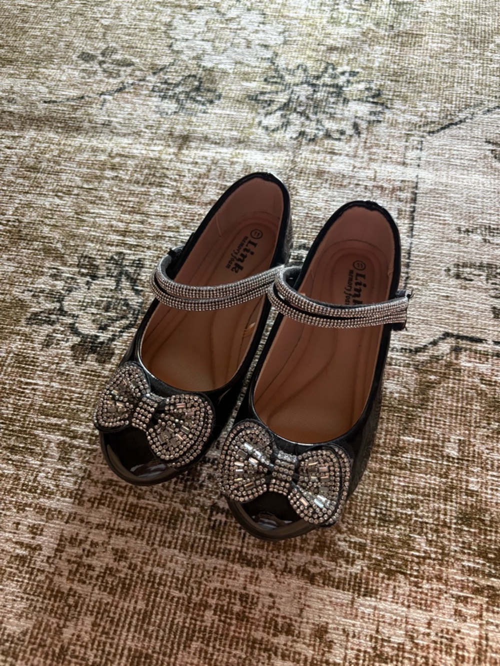 Girls' Black Patent Mary Jane with Bow and Rhinestones